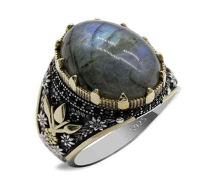 925 Sterling Silver Men039s Natural Labradorite Paw Prints Exquisite Auspicious Retro Trend Fashion handmade Turkish Wedding Ri8928168825