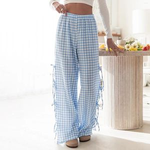 Women's Pants Plaid Wide Leg Summer Mid Rise Gingham Comfy Pajama Side Slit Tie Elastic Waist For Women
