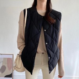 Kvinnors västar Korea South Chic Autumn and Winter 2024 Fashion Temperament All-Match Rhomboid Warm Cotton Vest Single-Breasted