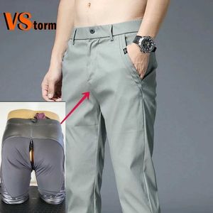 Men's Pants Open style pants summer new thin casual pants mens classic fashion business slim fit straight cotton solid color J240507