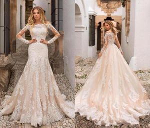 2019 New Beautiful Champagne Mermaid Wedding Dresses Off Shoulders Lace Appliques Sheer Long Sleeves Tulle Long Bridal Gowns BC53984511