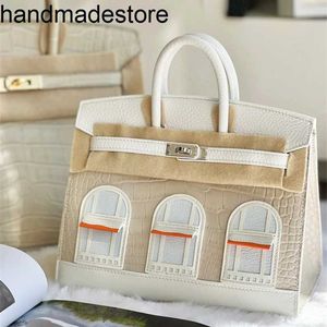 Familie H Bk Platinum Bag High 20 cm kleine Haus Top -Schicht für Frauenhandtasche mit Krokodilmuster Kontrastfarbener Freizeit handgefertigtes echtes Leder