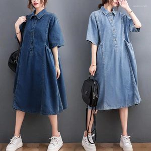 Party Dresses Retro Washed Denim Dress Summer Short Sleeve Large Size Loose Mid-Length Women Vintage Korean Jeans Vestidos H1720