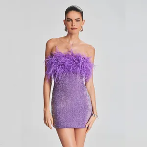 Casual klänningar 2024 anländer sexiga paljetter kvinnor miniklänning ärmlös från axel struts hår skarvad wrap höft kvinnlig stropplös