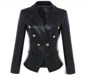 Ny stil Toppkvalitet Original Design Women039S Slim Classic Leather Blazer Jacket Metal Buckles DoubleBreasted Black Motorcyc6723711