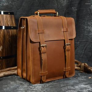 Backpack Vintage Crazy Horse Leather Men Rucksack 3 Use 14" Laptop Genuine Business Tote Cow Male School Bag