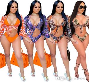 Kvinnliga spårningsdräkter 2022 Kvinnors baddräktdesigner Vneck Sexig Bikini Mesh Leopard Point Sling Three Piece Set Fashion Long Sleeve Shaw8064704