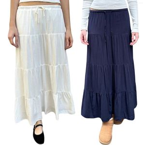 Saias americanas retrô de baixa cintura plissada cor fluida de cor sólida verão mulheres queimadas saia longa para roupas estéticas de streetwear