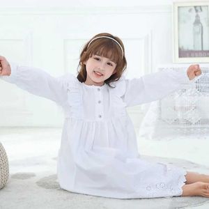 Pyjamas Girls aftonklänning med veckad stil ankel längd mjuk bomull lös pyjamas barns hemkläder avslappnad aftonklädsel2405