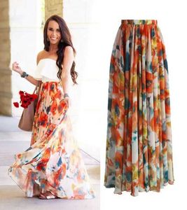 Kjolar 1 bit trendig chiffon boho kvinnor blommor jersey zigenare long maxi full läder strand sol kjol hög kvalitet och vackra kvinnor klädsel2405