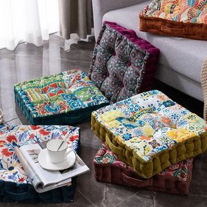 1 Pc Square Velvet Floor Cushion Yoga on Chair Pouf Seat with Handle Vintage Tatami Sofa Thick Print Meditation Pillow 240508