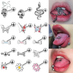 Zs 1 Stück 14G Edelstahl Zungenstierring Buntes Schmetterling Knochenzungen Stift Schädel Schlangekörper Piercings Schmuck 240429