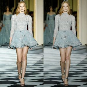 Zuhairmurad تخصيص خط المساء عالي الرقبة طويلة الأكمام الرسمية اللباس الساتان القصيرة الكريستال الحفلات وصيفه الشرف 0508