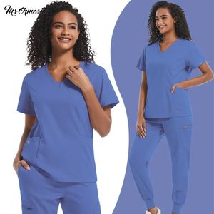 Scrubs Tekdüzen kadın hemşire ovma seti unisex cep üst fermuarlı pantolon 2 adet joggers hemşirelik ameliyat odası kıyafetleri 240504