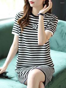 Casual Dresses 2024 Summer Long T-shirt Stripe Straight Tube Sticke Dress for Women Clothing Short Sleeve O-Neck Mini FP918