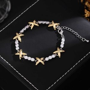 Chain High version genuine gold electroplated inlaid zircon bracelet with T family metal glossy X characters fashionable and shiny full diamond Q240507