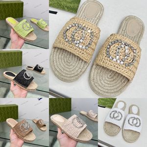 Womens Designer Slipper G interlocking Straw Crochet Wedge Slide Woven sandals Platform Wide Strap Flats diamond crystal buckle Comfort Mule Beach Pool Espadrille