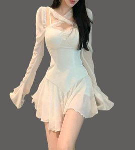 カジュアルドレスサマーミニドレス女性ホワイトパフスリーブ韓国スタイルの妖精のプリーツシフォンジャパンセクシーなエレガントなヴィンテージパーティー5540565