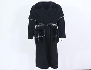 OftBuy Black Xlong Cashmere Wool Blends Real Fur Coat Belt Winter Jacket Women Natural Mink Fur Pocket Streetwear Outerwear New3976645