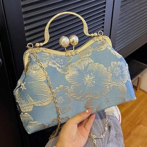 Vintage Women Flower Purse And Handbags Evening Clutch Embroidery Chain Crossbody Bags Wedding Dinner Shell Clip Handle 240430