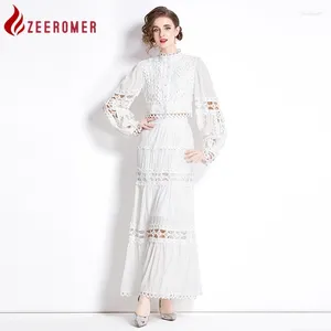 Work Dresses 2024 Autumn Vintage Lace Patchwork Dress Suit Women Stand Collar Single Breasted Short Tops Hollow Out Long Skirt 2 Pieces Set