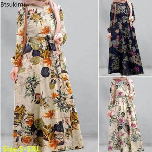 Ethnic Clothing Fashion Women's Floral Print Cotton Linen Dress Hijab Muslim Long Sleeve Abayas Ladies Elegant Vintage Party With Belt
