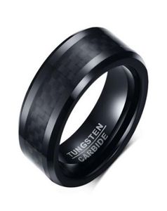 Wedding Ring Beveled Edge 8mm Comfort Fit Mens Black Tungsten Carbide Weeding Band Ring With Black carbon fiber26244536368