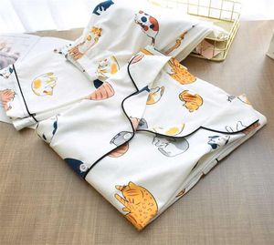 100 bomullspyjamas för kvinnor söt katttryck tecknad hemkläder 2st.