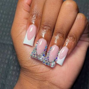 False Nails 24st French Crystal Design False Nail Patches New Duckbill Shaped Fake Nails Full Cover Wearable Square Head Press On Nails T240507