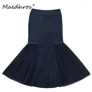 Saias Chiffon costurando elegante rede de luxo de longa rede de flores de cintura alta para mulheres festas noturnas vintage maxi