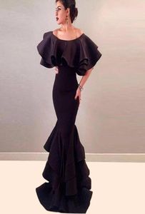 Arabic Long Mermaid Tiered Skirt Evening Dresses Robe De Soiree Courte Black Satin Cape Sexy Prom Party Gowns 2022 Abendkleider5480134