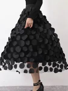 Röcke Vintage Long Rock Frauen Polka Punkt schwarze weibliche Sommer Mesh Elastic Taille Damen Elegante Mode High Street Faldas