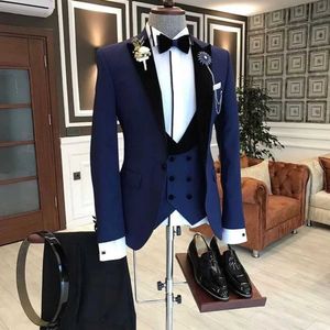 Men's Suits Blazers Fashion mens navy blue business wedding dress Ternos Masculinos slim fitting tailcoat 3-piece set Q240507