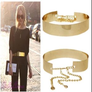 Fashion Women Full Gold Silver Metal Mirror Waist Belt Metallic Gold Plate Wide Obi Band With Chains 291Y