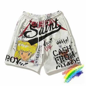 Mäns shorts tvättade helgon svett shorts män kvinnor bäst quty aprikos graffiti dragskonbrcher t240508