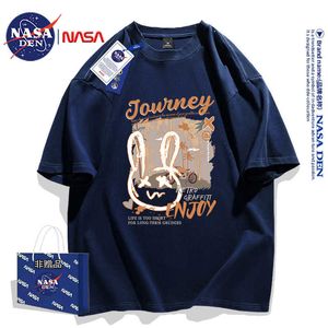 NASA Co branded American Pure Cotton Youth Short sleeved T-shirt for Mens Summer Fashion Versatile and Handsome Bottom with 5/4 Sleeves