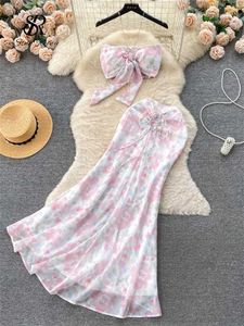 Two Piece Dress SINGREINY Vacation Beach Style Two Pieces Suits Strapless Halter Chain Mini Tank+Bodycon Fishtail Skirt Fashion Floral Sexy Sets Y240508