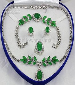 Fashion Silver Green Jade Necklace Armband Earring Ring Sets Gemstone Jewelry Sets7723529