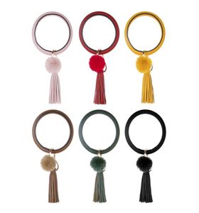 2020 NYTT PU -läderarmband Keychains Circle Söt fast färgpäls Pompom Tassel Wristlet KeyChain for Women Girls Jewelery2805585