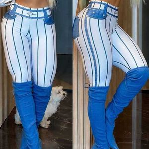 Women's Leggings Fashion Denim Stripe Print Women Sports Leggings New High Waist Running Sexy Tight Fitness Workout Gym Push Up Cowboy Pants Y240508