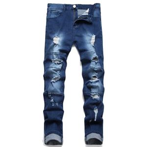 Jeans masculinos Homens de jeans Splicing Hole Retro Blue Biker Jeans Skinny Calça Hip Hop STRT Male calças jeans machos para homens Y240507