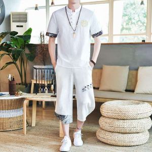 Shanli Dadi Style Bomull och linne Set för mäns sommar Tvådelar Linne Kort ärm T-shirt i kombination med beskurna byxor kläder