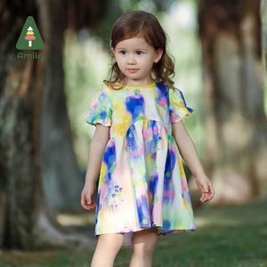 Girl's Dresses Amila Baby Girl Dress 2023 Summer New 100% Cotton Cute French Romantic Monet Oil Painting Style Dress Childrens Clothing 0-6YL2405