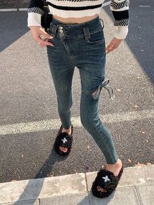 Frauen Jeans Knöchel Länge Frau Herbst Schlanker fit Mode hohe Taille Füße enge dünne Hosen Blaue Elastizitätsbleistifthose A312