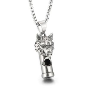 Gothic Wolf Head Whistle Necklace Pendant Casting rostfritt stål Rolo -kedje smycken för män pojkar coola gåvor silver polerad bling 3mm 336n