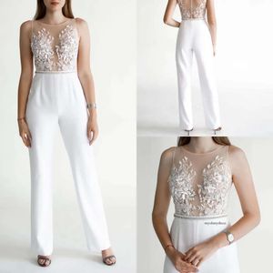 2020 Ny ankomst sjöjungfru jumpsuit kväll byxor ärmlös spets satin formell byxa ankel längd applique juvel linje pärlor festklänningar 0508