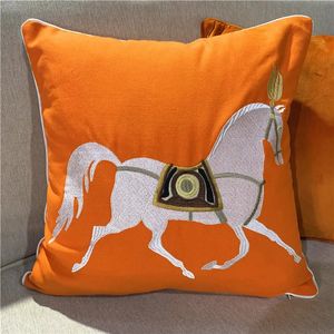 Modern Cotton Embroidery White Horse Luxury Decorative Pillow Case Orange Red Canvas Sofa Chair Cushion Cover 45x45cm 1pclot 240508