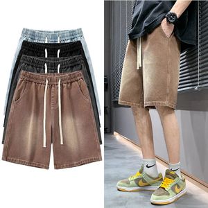 Straight Jeans Shorts High Street Functional FiveMinute Pants Drawstring Solid Color Casual Fashion Thin Section Mens Clothing 240423