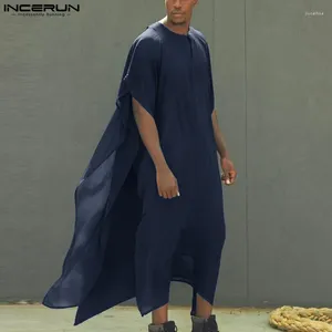 Ethnic Clothing INCERUN 2024 Muslim Style Mens Long-style Kaftan Robe Casual Simple All-match Male Solid Short Sleeve Jubba Thobe S-5XL