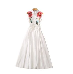 2023 Summer White Floral Print Belted Dress Sleeveless Lapel Neck Paneled Midi Casual Dresses S3W030427